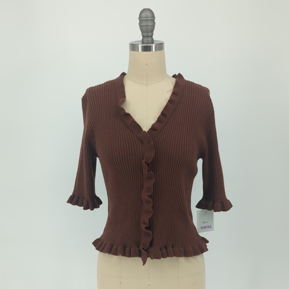 00032 Story On Ruffle Knit Sweater Top Brown M preppy minimalist hipster boho - Picture 1 of 7